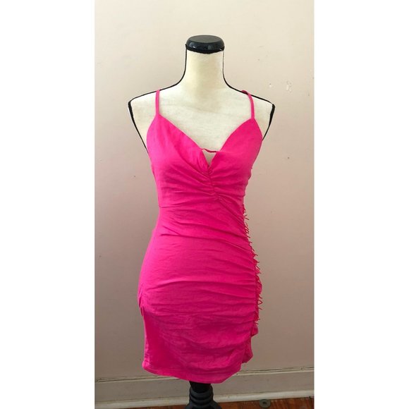 NWT Zara bright pink draped beaded linen blend ruched cutout dress - Picture 6 of 8